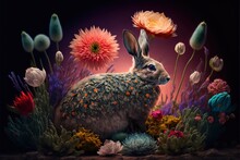  A Painting Of A Rabbit Surrounded By Flowers And Cactus Plants In A Dark Room With A Pink Light Behind It And A Black Background With A Pink Sky And White Border With A Red Center.