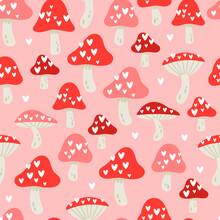 Seamless Pattern Design For Valentine's Day With Cute Mushroom. Childish Print For Wrapping Paper, Party Invitation And Background