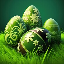  A Bunch Of Green Eggs Sitting On Top Of A Green Grass Covered Field With Flowers And Leaves On It's Sides, With A Green Background Of Green Grass And A Dark Background With A.