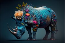  A Rhino With Flowers On Its Head And A Rhinoceros With Flowers On Its Back And A Rhinoceros With Flowers On Its Back, On A Dark Background, With A Black Background.