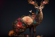  A Deer With Flowers And A Butterfly On Its Head Is Standing In Front Of A Dark Background With A Butterfly On Its Back Of Its Neck And A Flower In Its Mouth, And A. Generative AI