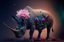  A Painting Of A Rhino With A Flower On Its Back And A Butterfly On Its Back, And A Pink Rose On Its Back, And A Purple Background, With A Pink Flower,.