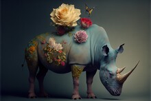  A Rhino With Flowers On Its Back And A Rose On Its Back And A Butterfly On Its Back And A Rose On Its Back And A Flower On Its Head And A Rhino With A. Generative Ai