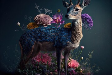 Canvas Print -  a painting of a deer with flowers on it's back and a bird on top of it's back, with a dark background of flowers and a blue sky and a dark background. Generative AI