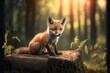  a red fox sitting on a log in a forest with sunlight coming through the trees and leaves on the ground, with a background of green foliage and yellow and red and yellow leaves,. generative ai