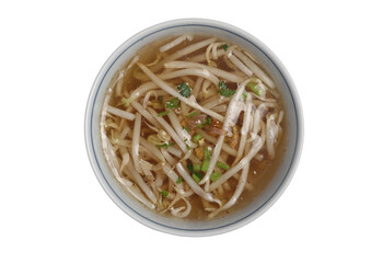 Wall Mural - Clear bean sprout soup in white cup on white background