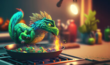 A Funny And Cute Dragon Making Food In A Kitchen As A Cheif. Generative AI.