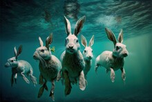  A Group Of Rabbits Floating In The Water Together With Their Heads Above The Water's Surface, With A Yellow Flower In The Middle Of The Photo, And A Few Of Them In The Middle.