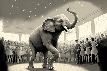 Canvas Print -  an elephant standing on a wooden floor in front of a crowd of people in a room with a ceiling full of lights and a stage with people in the middle of the room with people. Generative AI