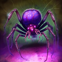  A Purple Spider With A Red Spot On Its Face And Legs, With A Purple Background And A Green Spot In The Middle Of The Spider's Legs, With A Purple Spot On The. Generative AI