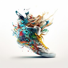  A Pair Of Sneakers With Colorful Paint Splatters On Them And The Shoe Is White And Has Blue, Yellow, Red, And Green Paint Splatters On The Upper Part Of The Shoe.