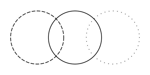 Venn diagram merge three line and dotted line circles chart infographic sign. 3 cross circles in a raw for data statistics presentation. Line art vector empty venn diagram illustration.