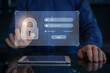 © NicoElNino - Password and username login page, secure access on internet. Online user authentication sign-in, cyber security, data protection. Finger touching lock icon. Person entering credentials to log in.