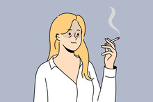 Unhealthy Tired Young Woman Feel Overwhelmed Smoking Cigarette. Unhappy Female Employee With Bad Habit Feeling Exhausted And Overworked. Vector Illustration. 