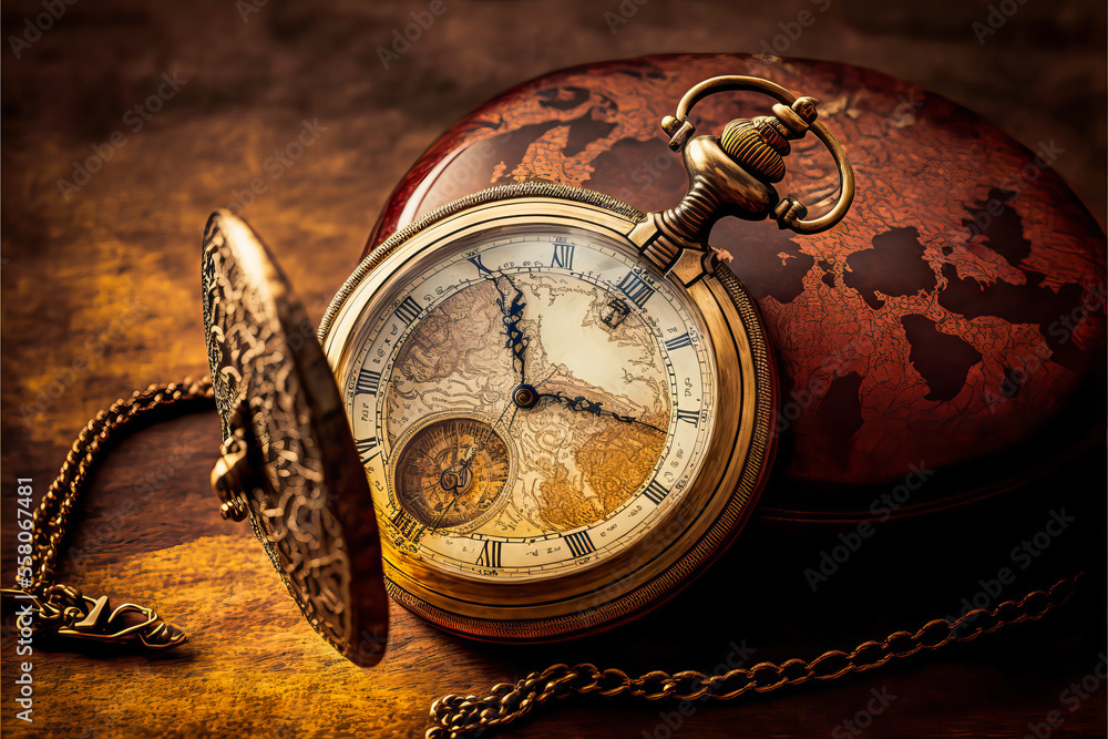 Vintage pocket watch atop a wooden table, with a map of the world ...