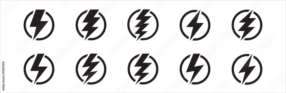 Electric power icon. Thunder bolt lightning icons set. Flash lightning ...