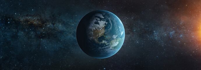 Wall Mural - panoramic view of the earth, star and galaxy. sunrise over planet earth, view from space. elements o