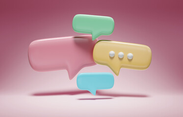 Wall Mural - Minimalist blue red green and yellow speech bubbles talk icons floating over pink background. Modern conversation or social media messages with shadow. 3D rendering