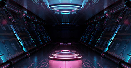 Wall Mural - blue and pink spaceship interior with projector. futuristic corridor in space station with glowing n