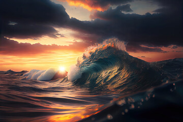 Wall Mural - sunset over ocean waves at sea with splashing water (generative ai)