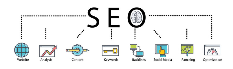 SEO Banner search engine optimization web icon for business and marketing, traffic, ranking, optimization, link, and keyword.