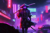 futuristic dark samurai standing on a side of a building in cyberpunk mega city at rainy night,  illustration digital generative ai design art style
