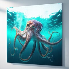 Poster - a painting of an octopus swimming in the ocean with a large eyeball in its mouth and a smaller octopus in the water behind it, with bubbles and a blue background of water,.