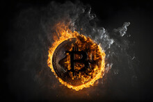 Bitcoin Coin On Fire, Concept Crash Loss Finance, Dark Background, Illustration Digital Generative Ai Design Art Style