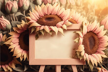 Bouquet Of Sunflowers With Wooden Frame For Text, Generative Ai