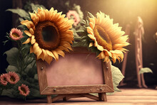 Bouquet Of Sunflowers With Wooden Frame For Text, Generative Ai