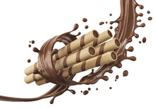 Chocolate Filled In A Crispy Wafer Roll, Chocolate Waffle Sticks With Chocolate Splash 3d Rendering.