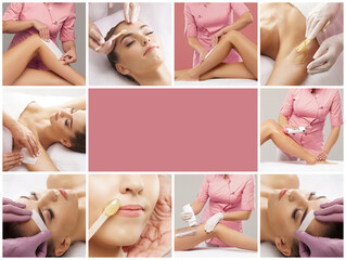 Wall Mural - Beautician is removing hair from young and beautiful female armpits with hot wax. Woman has a beauty treament procedure. Depilation, epilation, skin and health care concepts. Set collage.