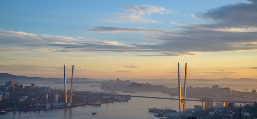 Fototapete - Vladivostok cityscape, sunset view. Panoramic view.