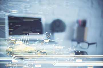 Fototapete - Double exposure of desktop computer and technology theme hologram. Concept of software development.