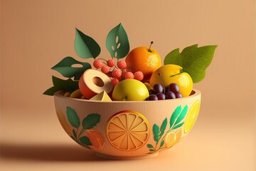 Wall Mural - a bowl of fruit with leaves and berries in it on a beige background with a brown background and a green leafy design on the bottom of the bowl.