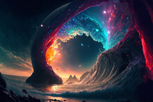 Abstract Graphic Design, A Glorious Galaxy Rise From The Surface Of An Ocean Planet, Dynamic Lighting, Wallpaper Background