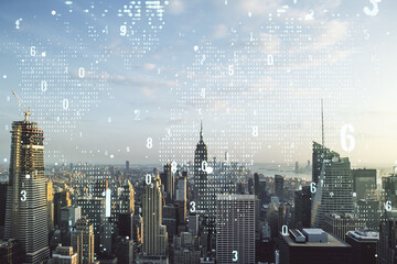 Wall Mural - abstract virtual coding illustration and world map on new york cityscape background, international s