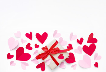 valentine's day composition mockup with pink and red paper hearts and gifts with red ribbon isolated on white background. top view. copy space. flat lay. February 14 concept