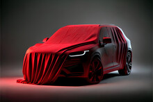 The SUV Car Is Covered With Red Cloth On A Black Background. 3d Rendering