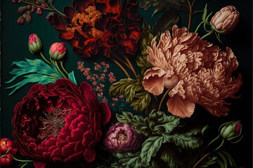 Poster - a painting of a bunch of flowers on a green background with leaves and flowers in the middle of the picture, and a few buds in the middle of the middle of the picture, and the middle of the.