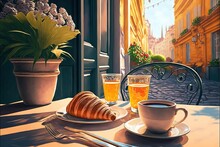 A Painting Of A Table With A Cup Of Tea And A Croissant And A Croissant On A Plate With A Fork And A Cup Of Tea On A Saucer And A Saucer.