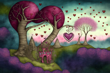 Wall Mural - Valentines landscape , whimsical style, Generative AI