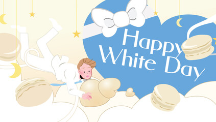  Happy White Day celebration flat vector illustration. Tradition of men offering presents to women on march 14th. Valentine's Day return present. Young man holding white chocolate. White chocolate box.