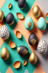 Wall Mural - Colorful Easter eggs flat-lay illustration. Generative Ai.