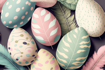 Wall Mural - Colorful Easter eggs flat-lay illustration. Generative Ai.