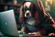 illustration of a dog wearing fashion costume or disguise as hacker or content creator, theme with blur background