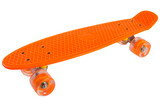 Orange skateboard with transparent silicone wheels, side view, isolate