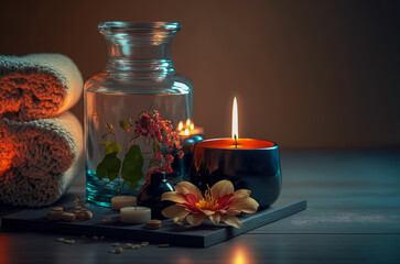 Candles and black hot stone on wooden background. Hot stone massage setting lit by candles. Massage therapy for one person with candle light. Beauty spa treatment and relax concept. Generative AI