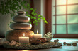 © waichi2013th - Candles and black hot stone on wooden background. Hot stone massage setting lit by candles. Massage therapy for one person with candle light. Beauty spa treatment and relax concept. Generative AI