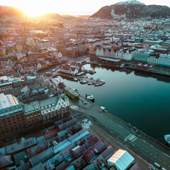 Wall Mural - Traditional Scandinavian architecture of the old town of Bergen at sunrise. Bergen, Vestland, Norway. 